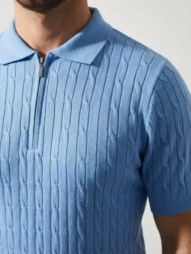 Erkek Yazlık Triko Saç Örgü Tişört Kısa Kol Polo Yaka Fermuarlı T-Shirt - Bebe Mavisi - S - Bebe Mavisi