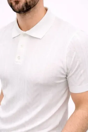 Erkek Yazlık Triko Tişört Kısa Kol Polo Yaka Düğmeli T-Shirt - Beyaz - 2XL - Beyaz