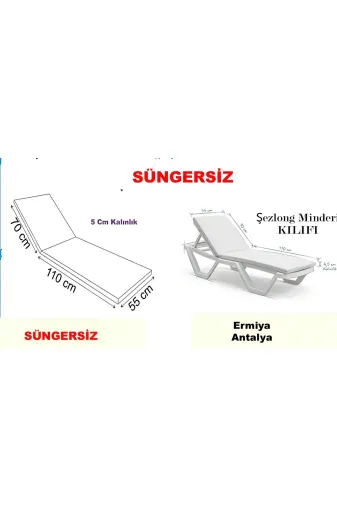 Ermiya 869120027257 Süngersiz Grand Ekinoks 180*55*5 Cm İmperteks Şezlong Minder Kılıfı Yıkanır Arkadan Kuşaklı Fermuarlı Haki