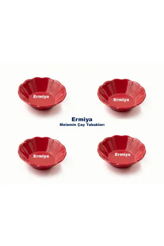 Ermiya 869987230009 18 Ad Kırmızı Melamin Çay Tabağı 18 Ad Paslanmaz Çelik Çay Kaşığı