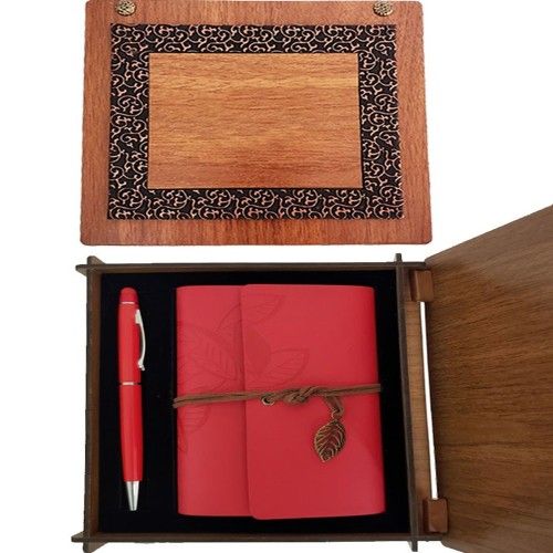 ETT 562741422871 Ahşap Kutulu Kırmızı Deri Defter Ve Metal Kalem Set