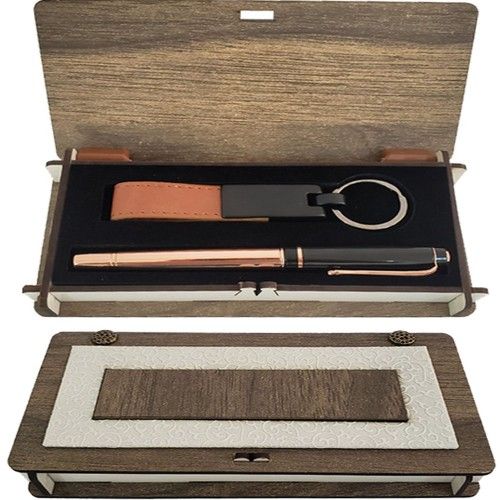ETT 562741422873 Dekoratif Ahşap Kutulu Bakır Kalem Anahtarlık Set