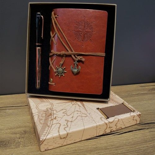 ETT 562741423758 Deri Pusula Tasarımlı Defter Ve Metal Kalem Seti