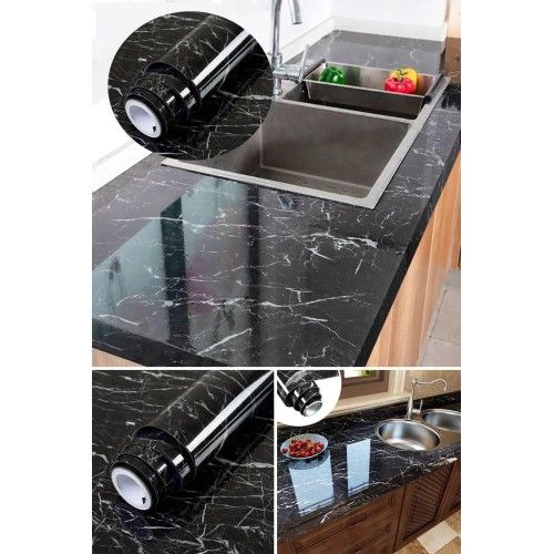 ETT 56274977312 Siyah Mermer Desenli Yapışkanlı Kaplama Kağıdı 5 Metre