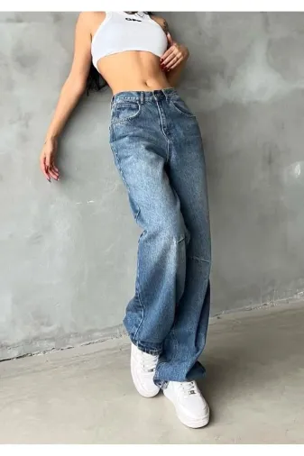 Exporanto BAGGYDRS4 Diane Orta Mavi Toka Detaylı Bol Kesim Geniş Paça Rahat Baggy Jean Kot Salaş Kadın Pantolon