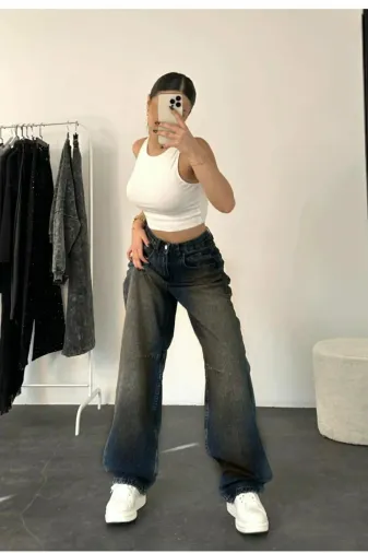 Exporanto BAGGYDRS7 Nichole Mavi Tint Yıkama Toka Detaylı Bol Kesim Geniş Paça Rahat Baggy Jean Kot Salaş Kadın Pantolon