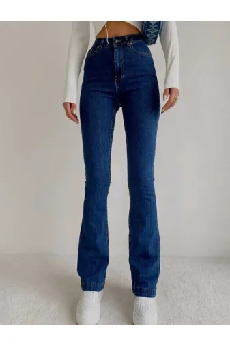 Exporanto isp008 All Star Ispanyol Women Koyu Mavi Ispanyol Paça Kot Pantolon Yüksek Bel Ispanyol Jeans Toparlayıcı