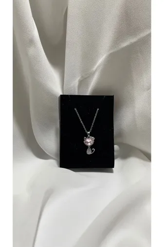 Exporanto KO0021 "kedicik" Paslanmaz Çelik Hareketli Gözlüklü Zirkon Taşlı Kedi Gümüş Kolye