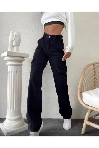 Exporanto KRG0011 Casimiro Solmaz Likralı Kadın Siyah Süper Yüksek Bel Arka Cepsiz Model Kargo Jeans