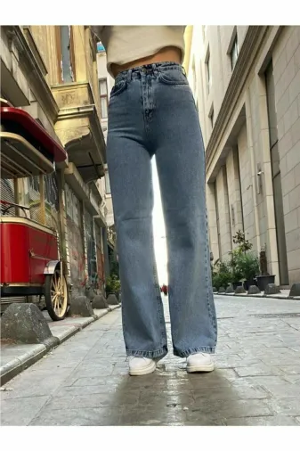 Exporanto sls1142 90`s Likralı Salaş Kadın Orta Kar Mavi Süper Yüksek Bel Salaş Paça Denim Kot Pantolon