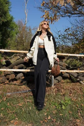 Exporanto Sslş02 Holly Siyah Wide Leg Etkili Fermuarlı Süper Yüksek Bel Jeans Salaş Kot Pantolon ( Solmaz Kumaş)