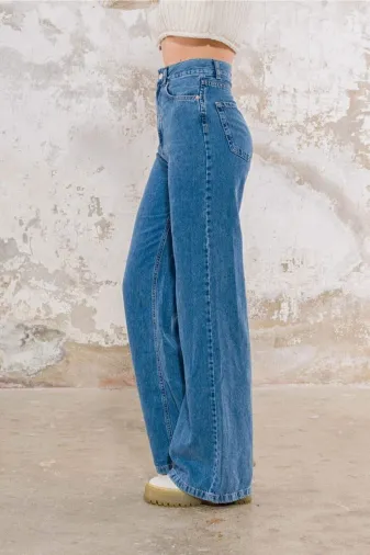 Exporanto TYC00522492936 Orta Mavi Likralı Süper Yüksek Bel Salaş Jeans Palazzo Pantolon Wide Leg