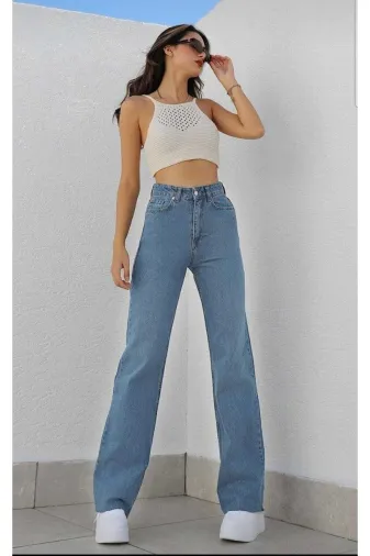 Exporanto TYC00700167742 Scool Tatlı Mavi Likralı Süper Yüksek Bel Salaş Jean Pantolon. (Süper Yüksek.) Wide Leg.
