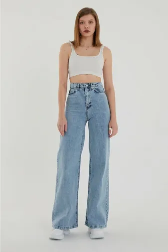 Exporanto TYC00700170218 Lizbon Mavi Açık Kar Likralı Süper Yüksek Bel Salaş Jeans Palazzo Pantolon (Süper Yüksek) Wide Leg