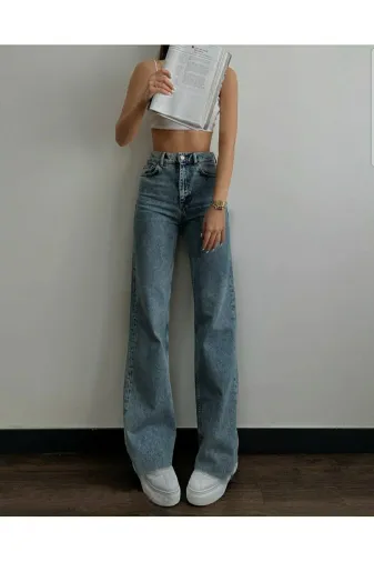 Exporanto TYC00700170668 Fashion Nova Likralı Salaş Kadın Orta Kar Mavi Süper Yüksek Bel Salaş Paça Denim Kot Pantolon