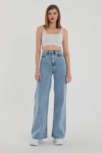 Exporanto TYC00700170950 All Star Açık Kar Likralı Kadın Mavi Süper Yüksek Bel Salaş Paça Denim Kot Palazzo Pantolon