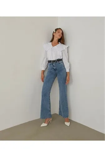 Exporanto TYC00700171400 All Star Orta Kar Likralı Kadın Mavi Süper Yüksek Bel Salaş Paça Denim Kot Palazzo Pantolon