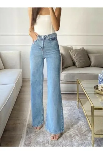 Exporanto TYC00700174508 Elle Mavi Power Likralı Süper Yüksek Bel Salaş Jeans Palazzo Pantolon (Açık Mavi)