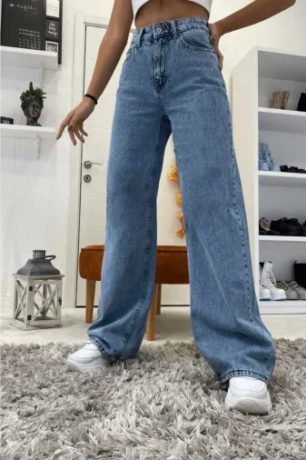 Exporanto TYC00700177707 Likralı Mavi Kar Yıkama Süper Yüksek Bel Salaş Jeans Palazzo Pantolon. (Süper Yüksek) Wide Leg
