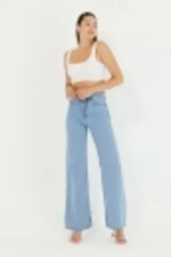 Exporanto TYC00700180357 Buz Mavisi Power Likralı Süper Yüksek Bel Salaş Jeans Palazzo Pantolon
