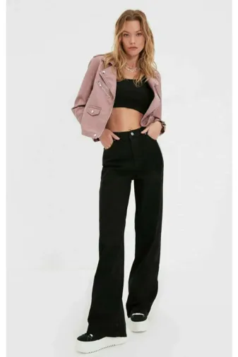 Exporanto TYC0132629133MSLSPACA-002 Siyah Likralı Süper Yüksek Bel Salaş Jeans Palazzo Pantolon. (Süper Yüksek.) Wide Leg.
