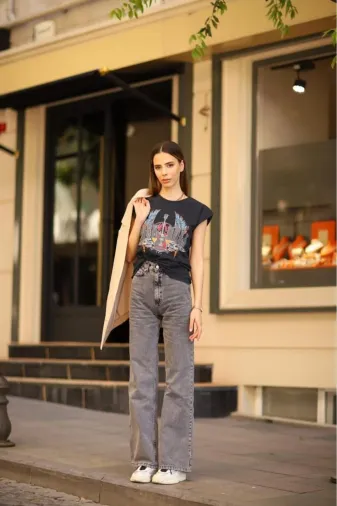 Exporanto TYC8P794ZN169874923084729 Paris Kadın Füme Kar Yıkama Extra Yüksek Bel Salaş Paça Denim Kot Pantolon