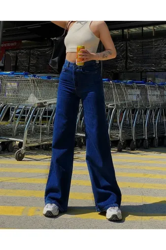 Exporanto TYCLTTC9EN170445926577162 Kadın Koyu Mavi Yıkama Extra Yüksek Bel Salaş Paça Denim Kot Pantolon