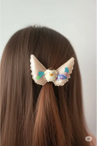 FAMEMUS ACCESSORY 0020018 Pompom Temalı Kanat Figürlü Çocuk Saç Tokası – Sevimli Ayıcık Tasarımı (8137)