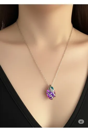 FAMEMUS ACCESSORY 0040249 Çelik Mor Kalp Çiçeği Kolye Yaprak Detaylı