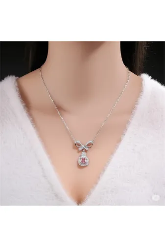 FAMEMUS ACCESSORY 0040251 Çelik Pembe Taşlı Fiyonklu Kolye