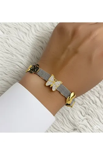FAMEMUS ACCESSORY 0040786 Kadın Metal Kordonlu Kelebek Ve Yonca Detaylı Bileklik