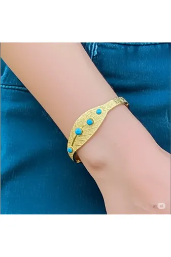 FAMEMUS ACCESSORY 0040892 Gold Renk Yaprak Desenli Turkuaz Taşlı Bilezik