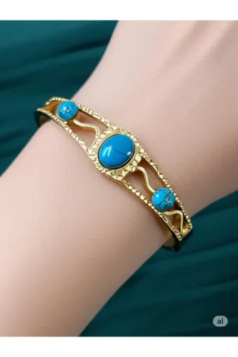 FAMEMUS ACCESSORY 0040896 Gold Turkuaz Taşlı Zarif Kadın Bileklik