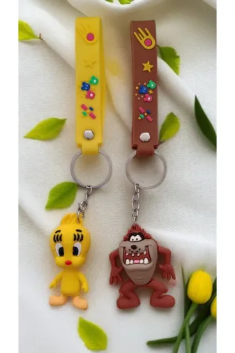 FAMEMUS ACCESSORY 0081828 2 Li Büyükboy Looney Tunes Tazmanya Canavarı Ve Tweety Anahtarlık Seti –Silikon Anahtarlık