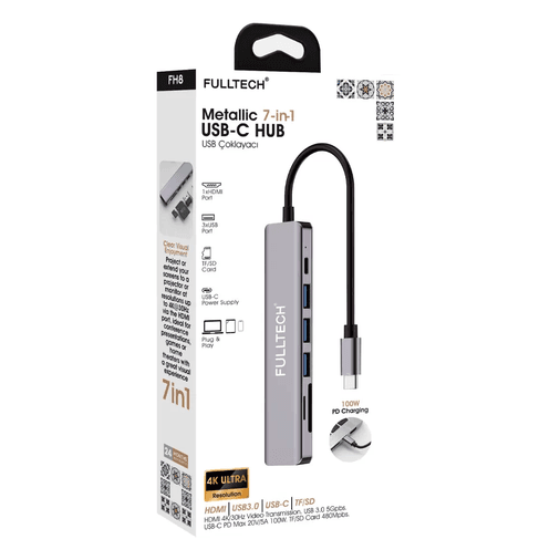 Fh8 Fulltech 7-In-1 Usb-C Hub 3Xusb-A, 1Xusb-C Ve 1Xhdmi Ve Tf/sd Kard Girişli, Metalik Usb Çoklayıcı