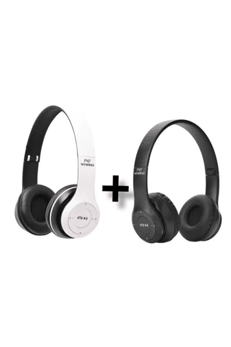 FİOPLUS 2 Adet P47 Extra Bass Wireless Bluetooth Kulaklık 5.0 Edr Siyah Beyaz