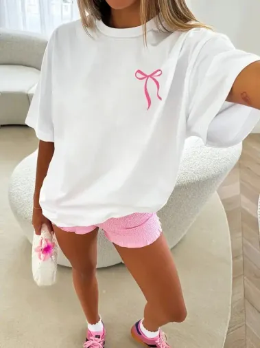Fiyonk Baskılı Oversize Bisiklet Yaka T-shirt - Beyaz - S - Beyaz