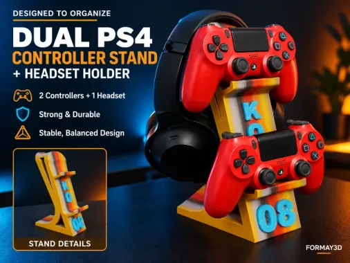Formay3D- Kişiye Özel Tasarım - PS4 - PS5 - F710 Oyun Kolu Uyumlu ve Kulak üstü Kulaklık Dekoratif Standı 3 in 1