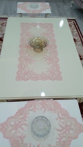Fransız Dantelli Örümcek Ağı Dokuma Vitrin Seti 16 Parça Pudra Pembe