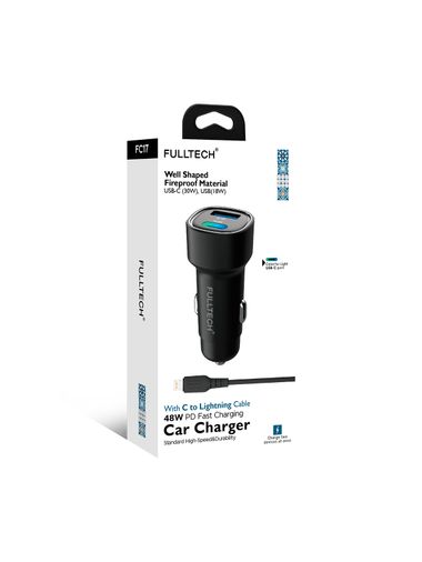 Fulltech Fc17 48W Hızlı Şarjlı Araç Şarj Cihazı | Usb-C & Usb Çift Giriş | C To Lightning Kablo Dahi