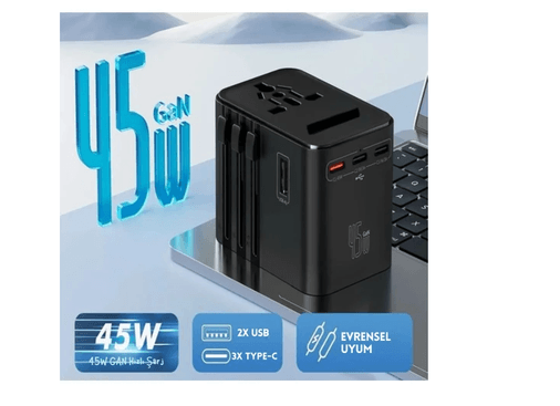 Fulltech fc22 Fc-22 Seyahat Priz Dönüştürücü Adaptör, 45W Şarj Cihazı, 2X Usb Girişi, 3X Type-C Girişi, Uluslararası Güç Adaptörü,