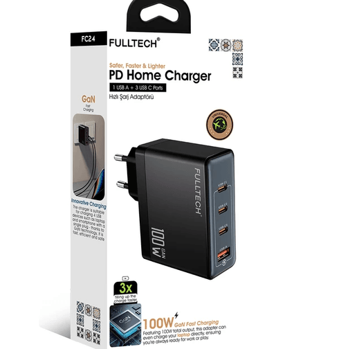 Fulltech Fc24 100W Gan Hızlı Şarj Adaptörü 3X Usb-C + 1X Usb-A Çoklu Port Laptop & Telefon Uyumlu Pd Power Delivery