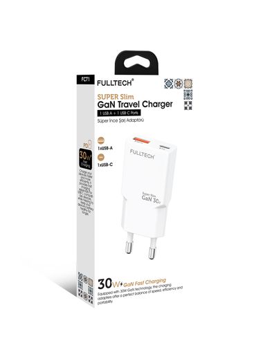 Fulltech Fc71 30W Gan Süper İnce Hızlı Şarj Adaptörü 1X Usb-A + 1X Usb-C Pd 30W & Qc 3.0 Destekli Seyahat Tipi Şarj Cihazı