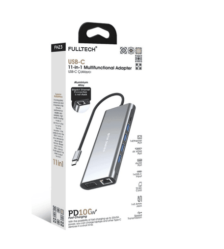 Fulltech fh23- Fh23 11'i 1 Arada Usb-C Çoklayıcı 4K Hdmı, 100W Pd, Gigabit Ethernet, 3.5Mm Jack
