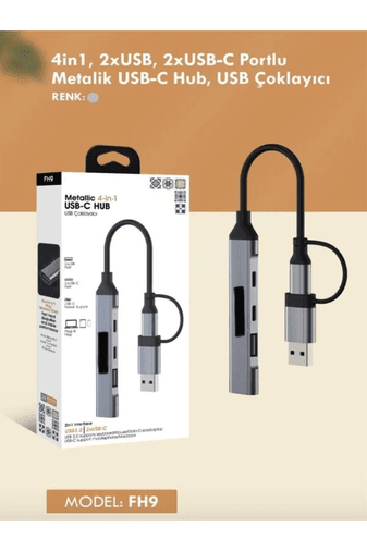 Fulltech Fh9 4-In-1 Usb-C Hub 2Xusb-A, 2Xusb-C Çıkışlı Usb-A + C Girişli, Metalik Usb Çoklayıcı
