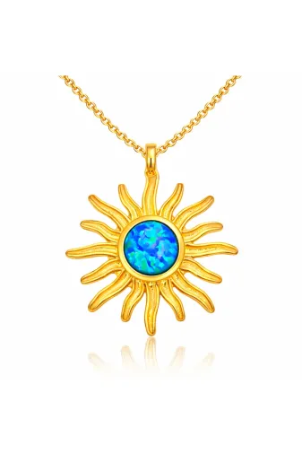 Generic DMR-GMSH-BRKD-PT11003061 Gümüş Gold Mavi Opal Taşlı Güneş Kadın Kolye