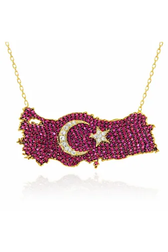 Generic DMR-GMSH-BRKD-PT11003736 Gümüş Gold Ay Yıldız Türkiye Haritası Kadın Kolye
