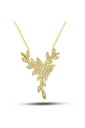 Generic DMR-GMSH-BRKD-PT11004076 Gümüş Gold Daldaki Kelebek Kadın Kolye