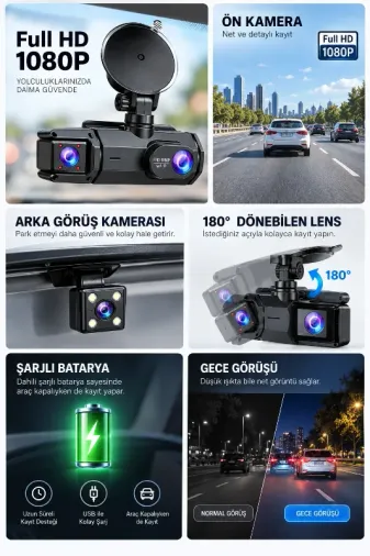 Geniş Açı Full Hd Araç Kamerası Ön Arka 180° Görüş Alanı