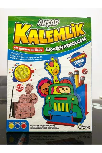 Giftölye 4784646977456 Ahşap Boyama Seti Fırça & Boya- Kalemlik+Kumbara Bir Kutuda 2 Ürün